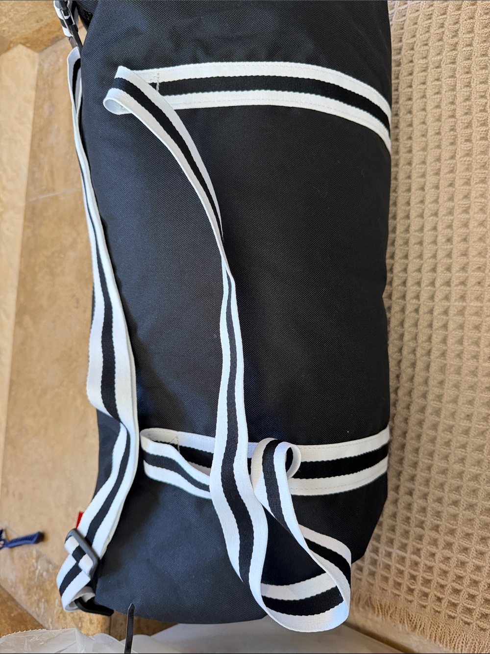 Nike Black Duffel Bag with White Swoosh and Striped Straps overnight gym sports - Picture 6 of 11